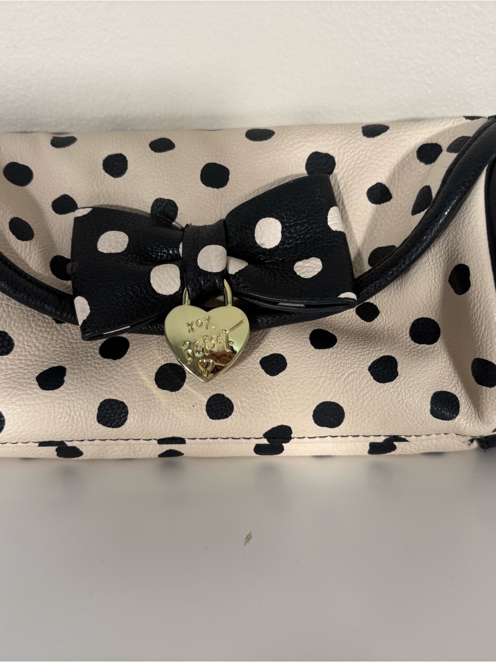 Betsey Johnson Black & Cream Polka Dot Bow Clutch with Gold Heart Charm